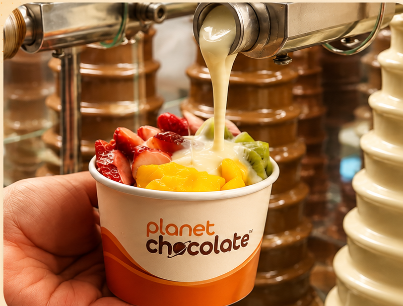 Chocolate branco servido sobre frutas em um pote Planet Chocolate