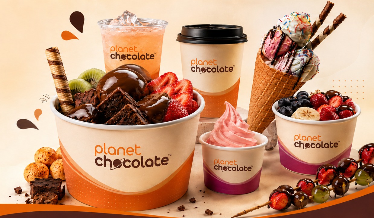 Linha de produtos Planet Chocolate com sobremesas, bebidas e sorvetes