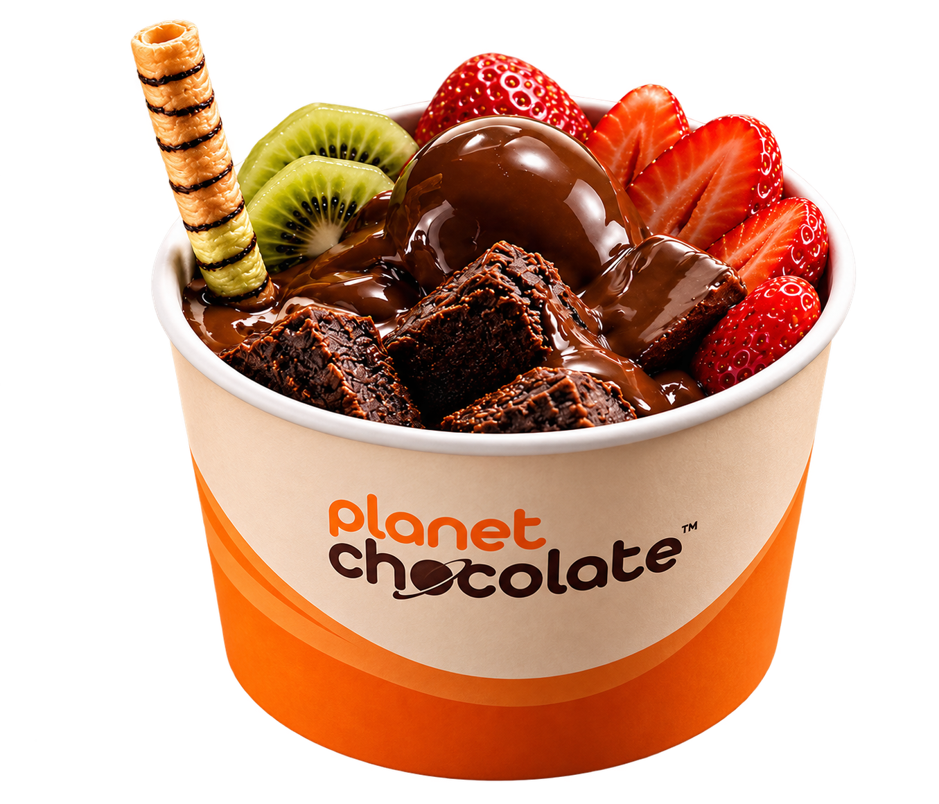 Pote Planet Chocolate com frutas, brownies e chocolate