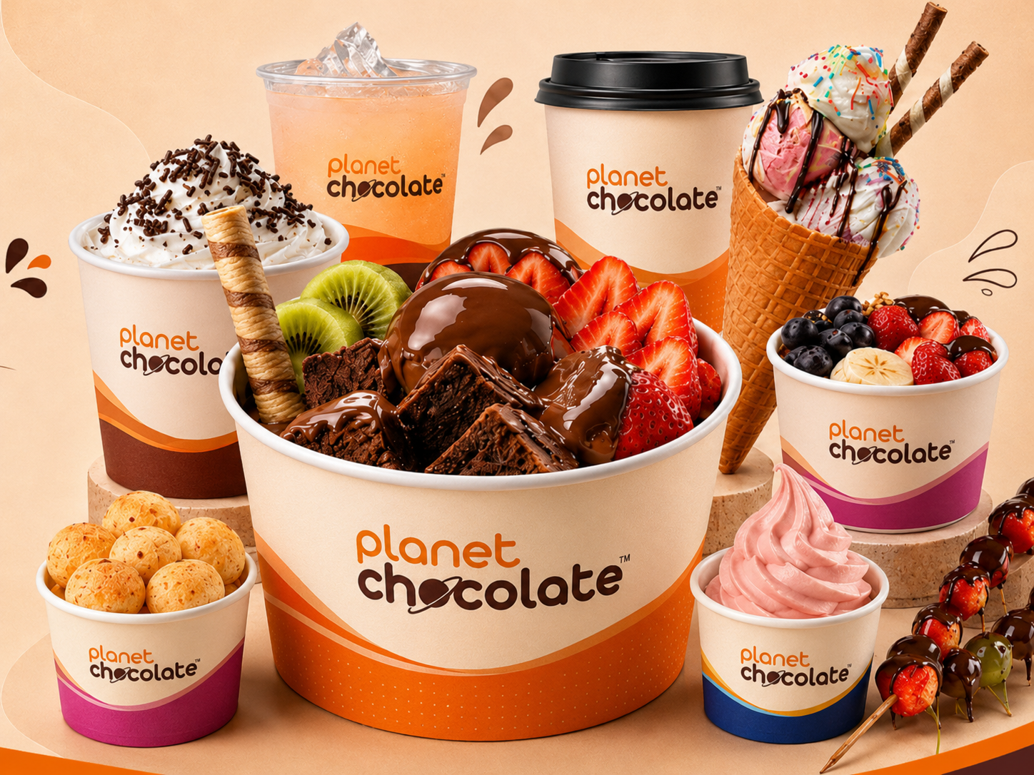 Mix Planet Chocolate com fondue, sorvetes, açaí, milk-shakes, bebidas, cafés e salgados